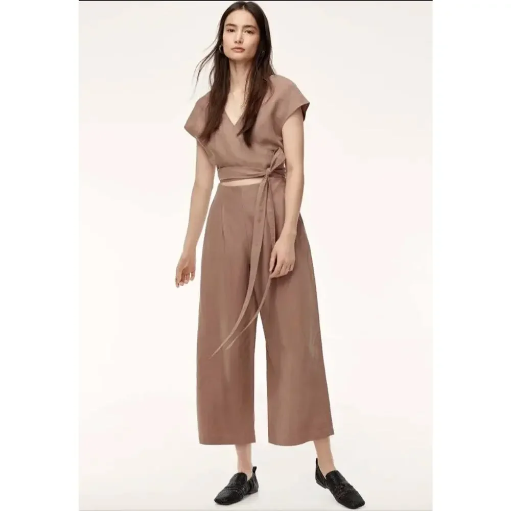 Aritzia Wilfred linen wrap tie brown wide leg jumpsuit Size 2 Boho Minimal